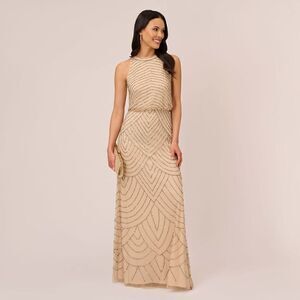 Adrianna Papell Art Deco Beaded Blouson Dress With Halter Neckline In Nude